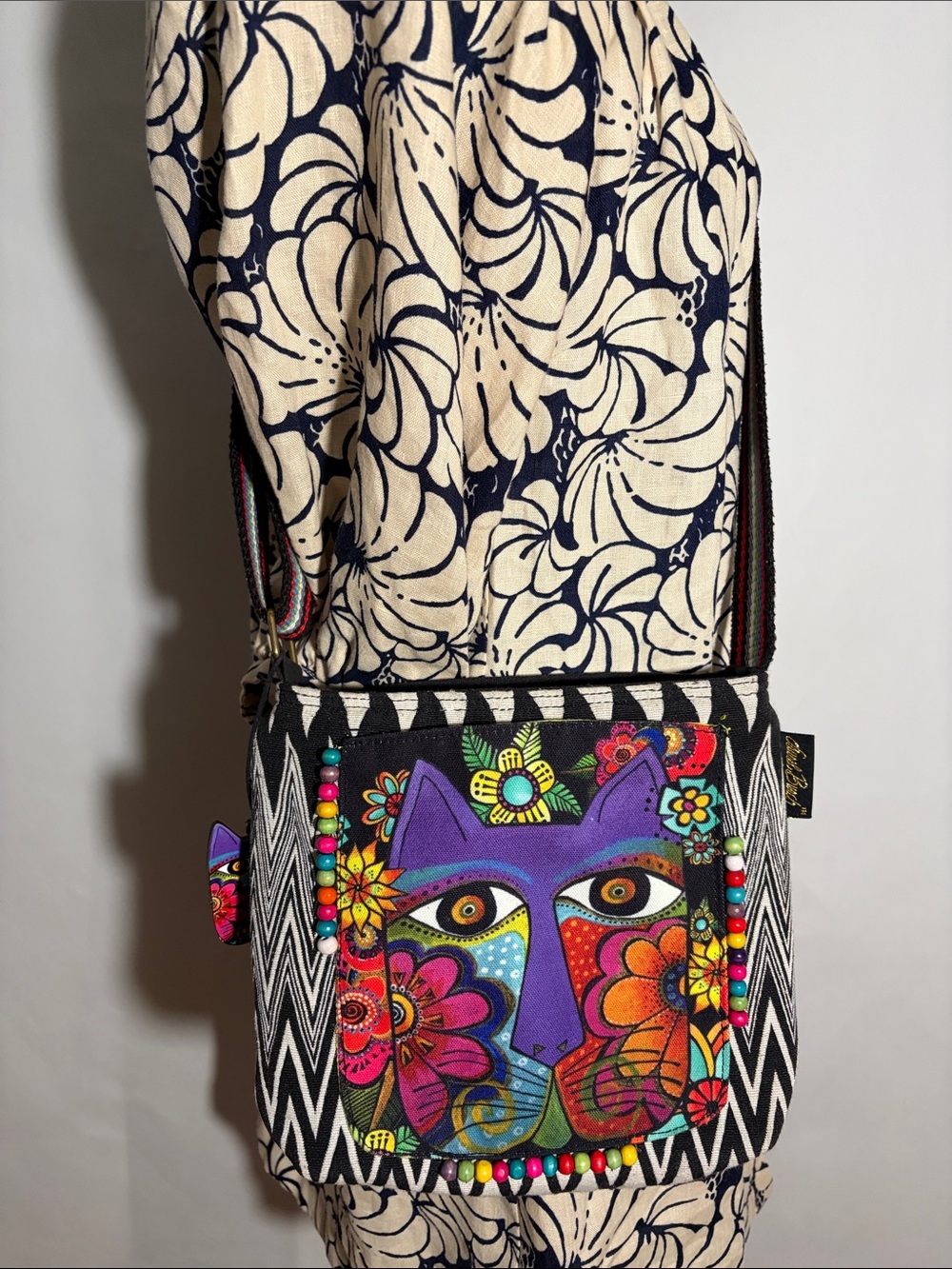 Laurel Burch Blossoming Feline Crossbody Bag Multicolor Cat Floral Beaded